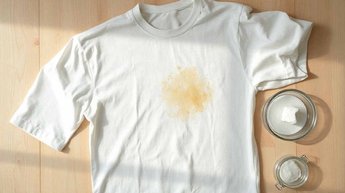 Chemise blanche à plat avec une tache jaunâtre, une bassine et un bocal de poudre