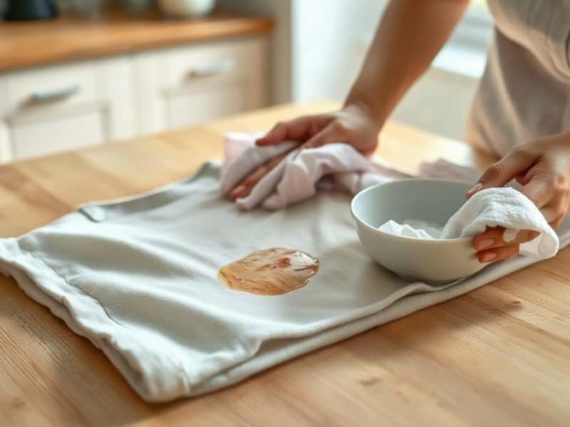 Personne traitant un vêtement taché de graisse sur une table