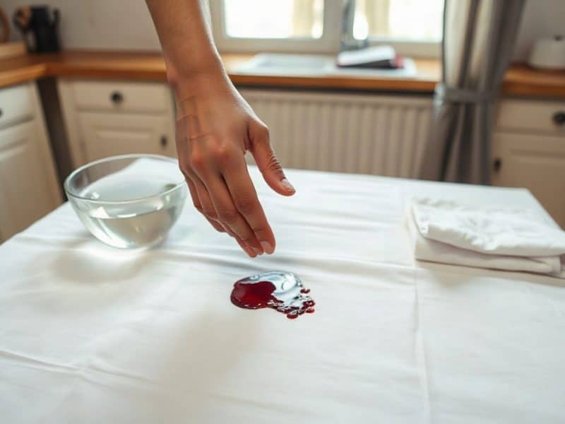 Une personne tamponne une petite tache de sang sur un drap blanc