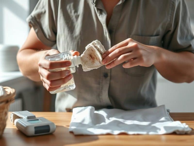 Personne traitant une tache sèche sur une chemise en coton propre