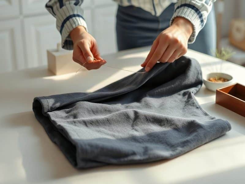 Pantalon posé à plat, des mains cousent un ourlet