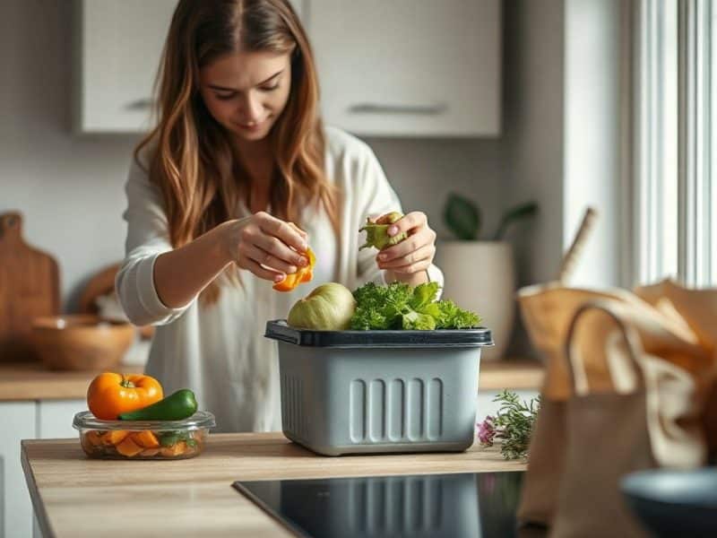Une personne dépose des épluchures dans un bac à compost en cuisine