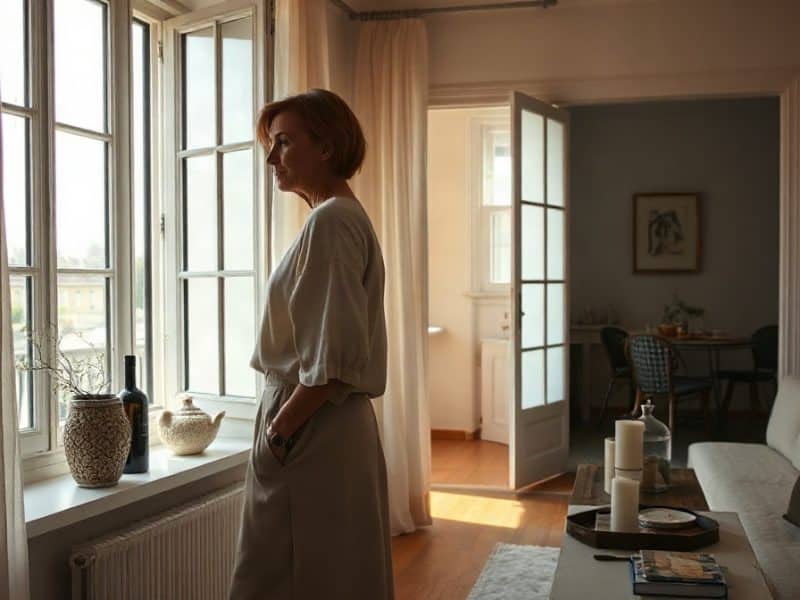 Femme debout de profil près d’une fenêtre grande ouverte, rideau soulevé