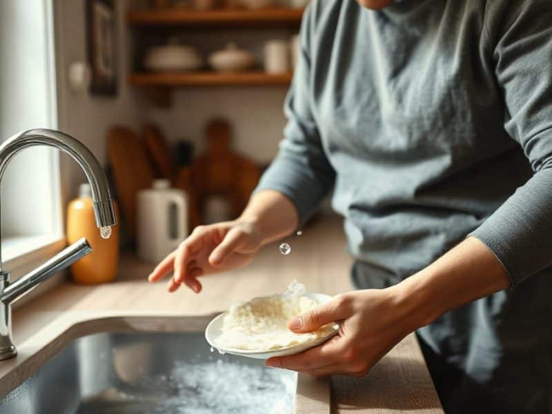 Adulte lavant une assiette à l’évier avec peu de mousse