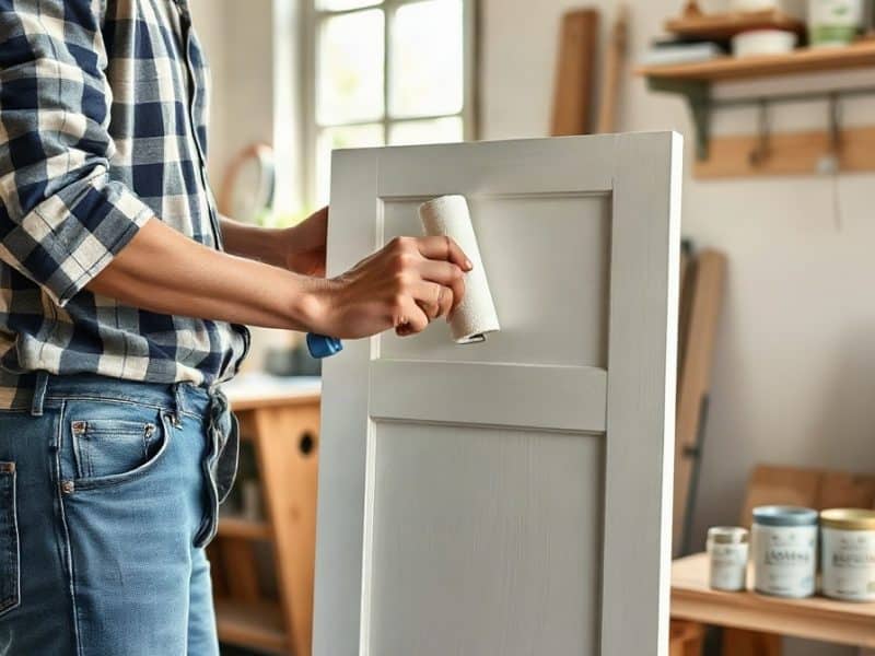Personne appliquant une sous-couche blanche au rouleau sur une porte en bois