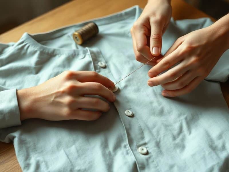 Chemise sur une table, mains cousant un bouton à l’aiguille