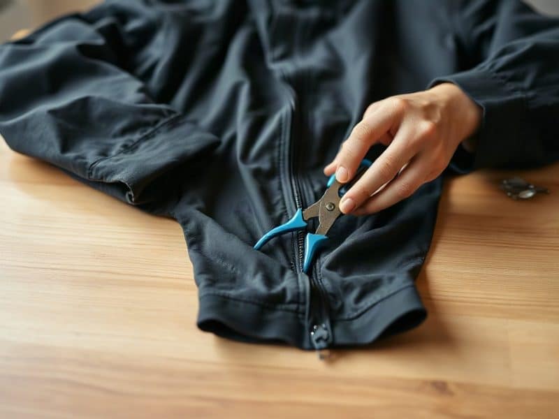 Des mains réparent la fermeture d’une veste avec une pince