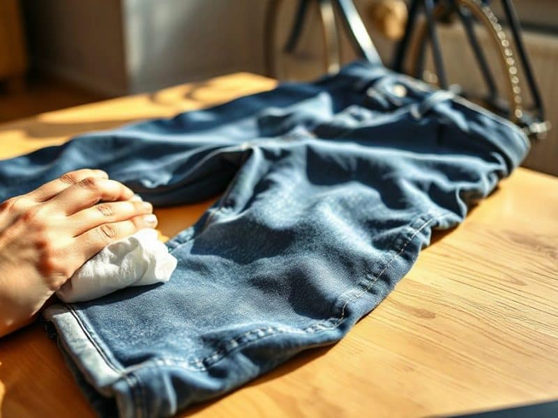 Pantalon posé sur une table, marque grasse de chaîne, main tenant chiffon