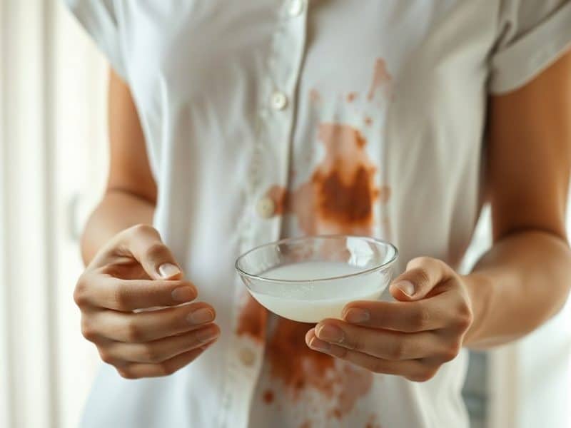Chemise blanche tachée de rouille tenue au-dessus d’un petit bol