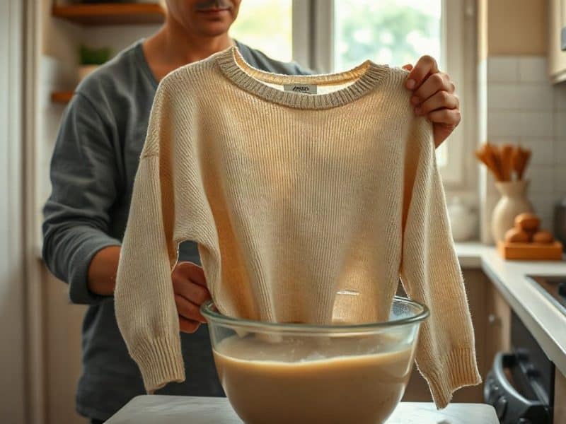 Pull en coton délavé teint dans une bassine par un adulte