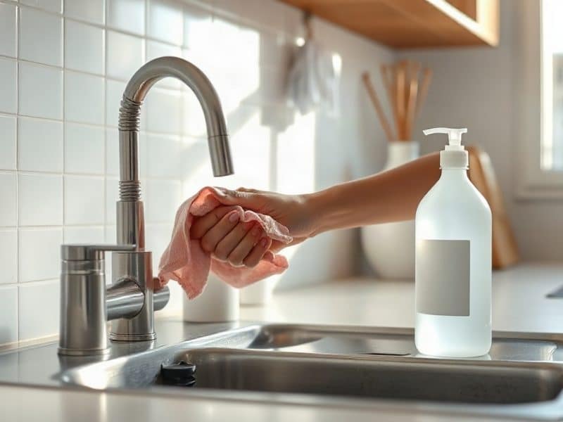Personne nettoyant un robinet en inox, bouteille de vinaigre près de l’évier